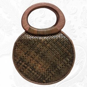 Handmade Woven Pandan Leaves Round Multicolor Hand Bag with Wooden Handles, Mini